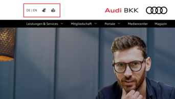 Die Sprachauswahl am Anfang der Audi BKK Webseite.