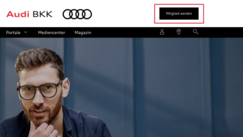 Der Button "Mitglied werden" am Anfang der Audi BKK Webseite.
