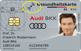 Muster einer Krankenversichertenkarte, die bereits über eine kontaktlose Schnittstelle verfügt.