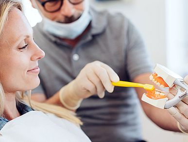 Ein Zahnarzt demonstriert richtiges Putzen an einem Modell