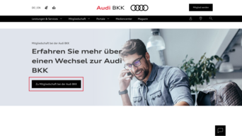 Der Banner auf der Audi BKK Startseite, über den man als Mitglied beitreten kann.