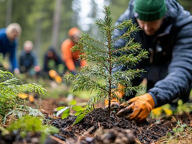 Freiwillige pflanzen Bäume im Wald