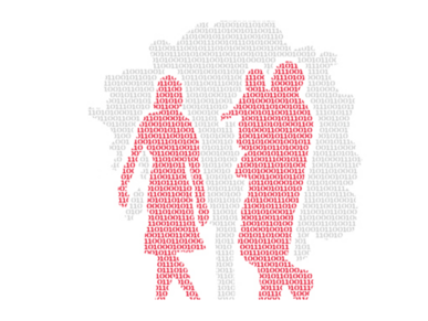 Abstrakte Illustration einer Familie vor einem Baum. 