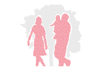 Abstrakte Illustration einer Familie vor einem Baum. 
